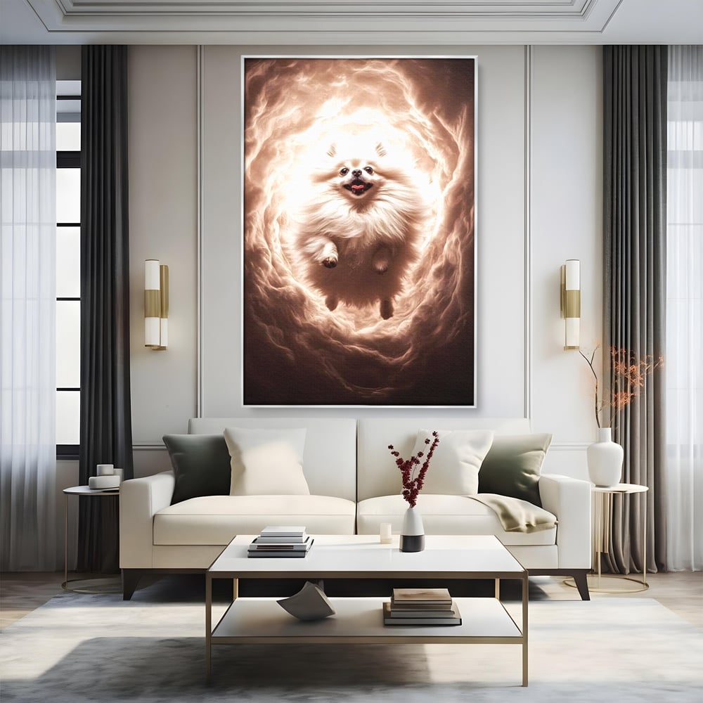 Tablou canvas cu tablou canvas cu caine pomeranian pufos, in rama de aluminiu argintiu, pe perete intr-un living
